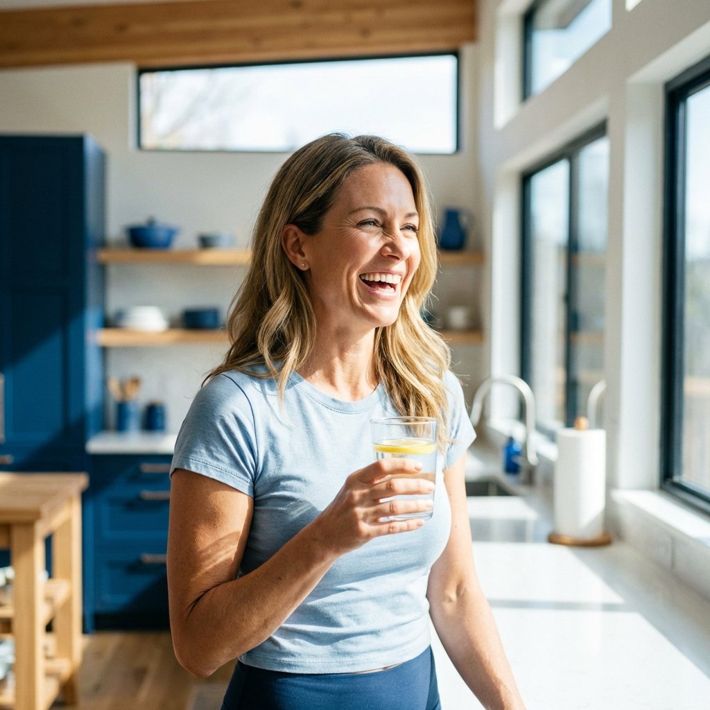 Happy healthy woman holding lemon water